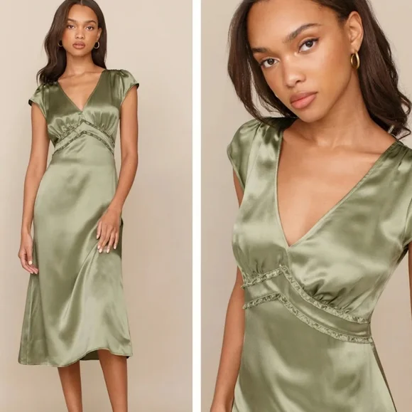 Reformation Kaye silk dress in the artichoke color - Picture 6 of 9